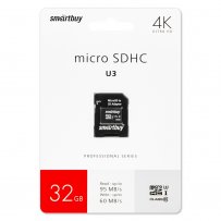 Карта памяти  32GB microSDHC class 10 SmartBuy PRO U3 R/W:95/60 MB/s с адаптером SD