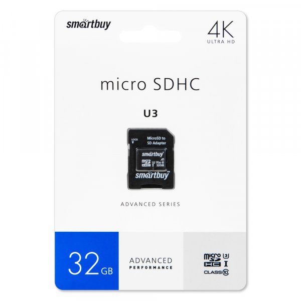 Карта памяти  32GB microSDHC class 10 SmartBuy U3 V30 A1 Advanced R/W up to 90/55 с адаптером SD