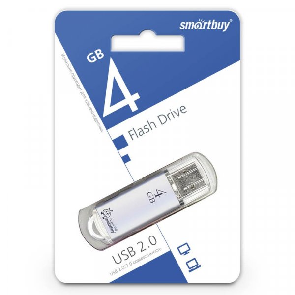 Флешка USB  4GB 2.0 SmartBuy V-Cut Silver