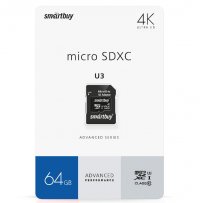 Карта памяти  64GB micro SDXC class 10 Smartbuy U3 V30 A1 Advanced R/W 90/55 MB/s с адаптером SD