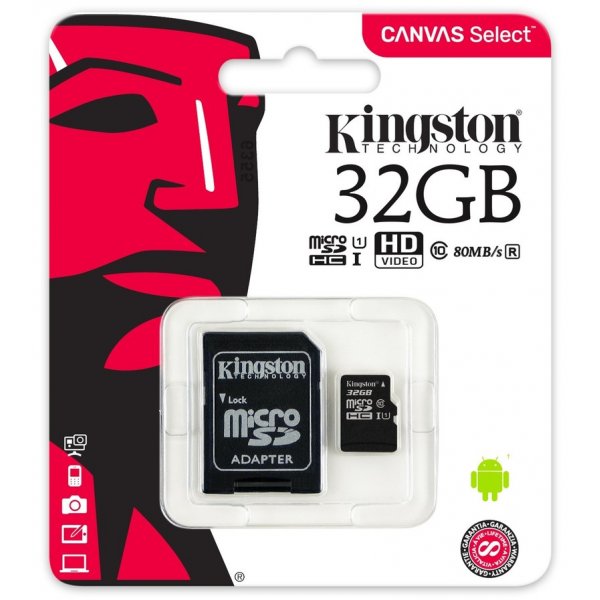 Карта памяти  32GB microSDHC class 10 Kingston UHS-I Canvas Select up to 80MB/s с адаптером SD