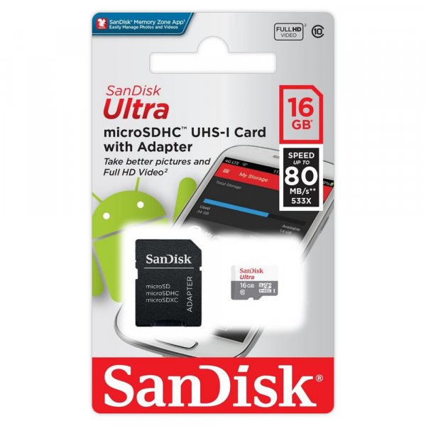 Карта памяти  16GB microSDHC class 10 SanDisk UHS-1 Ultra Android 80MB/s  с адаптером