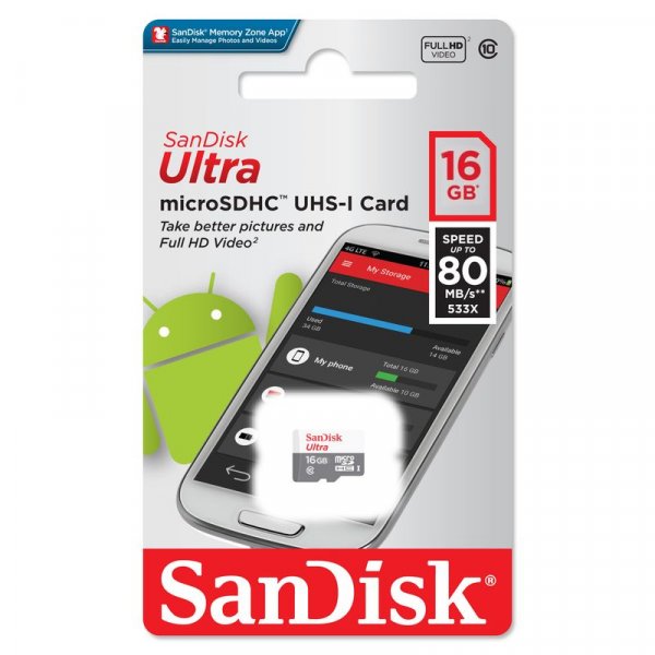Карта памяти  16GB microSDHC class 10 SanDisk UHS-1 Ultra Android 80MB/s  без адаптера