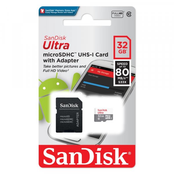 Карта памяти  32GB microSDHC class 10 SanDisk UHS-I Ultra Android 80Mb/s  с адаптером SD
