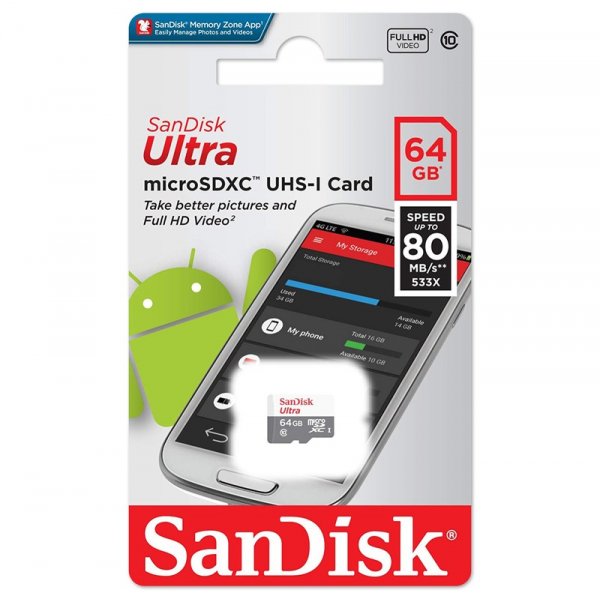 Карта памяти  64GB microSDXC class 10 SanDisk UHS-I Ultra Android 80Mb/s без адаптера