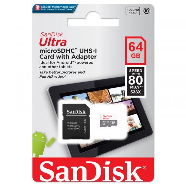 Карта памяти  64GB microSDXC class 10 SanDisk UHS-I Ultra 80Mb/s с адаптером SD