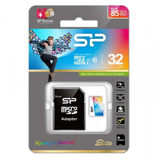 Карта памяти  32GB micro SDHC class 10 Silicon Power Elite UHS-I COLORED, R/W 85/15 MB/s с адаптером