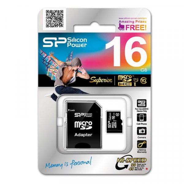 Карта памяти  16GB microSDHC class 10 Silicon Power Superior UHS-I, R/W 90/45 MB/s с адаптером SD