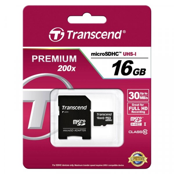 Карта памяти  16GB microSDHC class 10 UHS-1 Transcend с адаптером