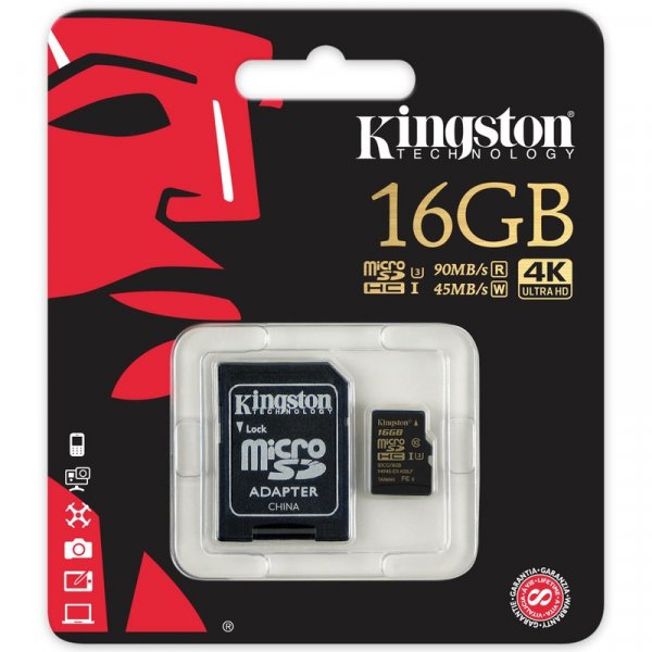 Карта памяти  16GB microSDHC class 10 Kingston UHS-I(U3) Gold Series с адаптером SD