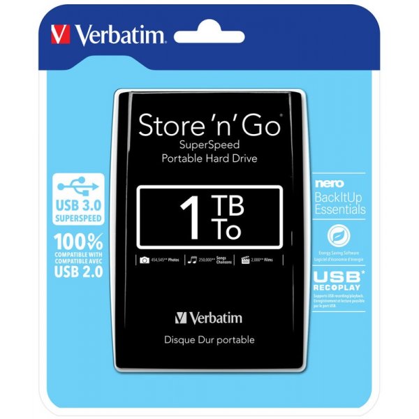 Внешний жёсткий диск HDD 2.5" USB 3.0 1 TB Verbatim Store\'n\'Go Black