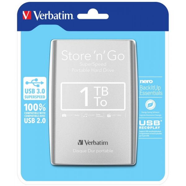 Внешний жёсткий диск HDD 2.5" USB 3.0 1 TB Verbatim Store\'n\'Go Silver