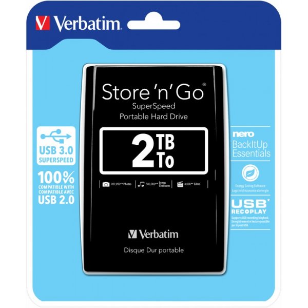 Внешний жёсткий диск HDD 2.5" USB 3.0 2 TB Verbatim Store\'n\'Go Black