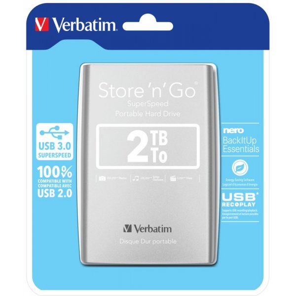 Внешний жёсткий диск HDD 2.5" USB 3.0 2 TB Verbatim Store\'n\'Go Silver