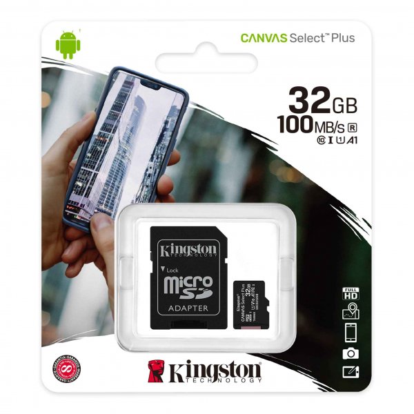 Карта памяти  32GB microSDHC class 10 Kingston UHS-I Canvas Select Plus с адаптером SD