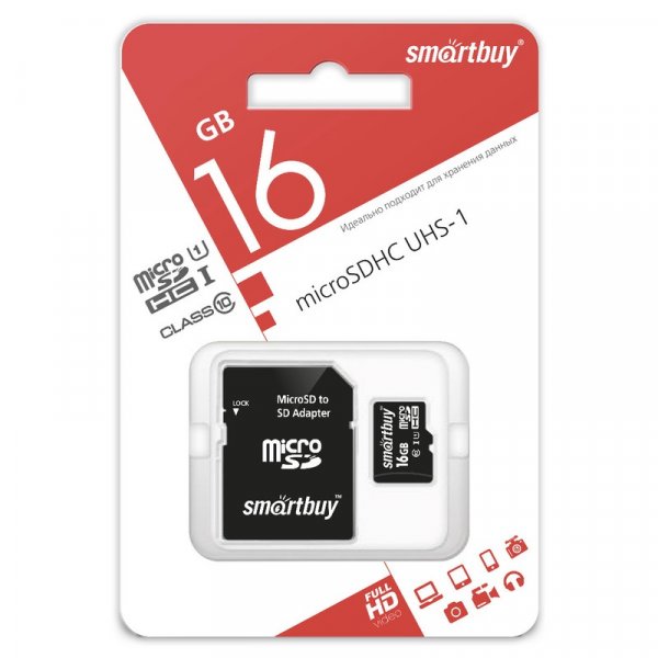 Карта памяти  16GB microSDHC class 10 SmartBuy UHS-1 с адаптером SD