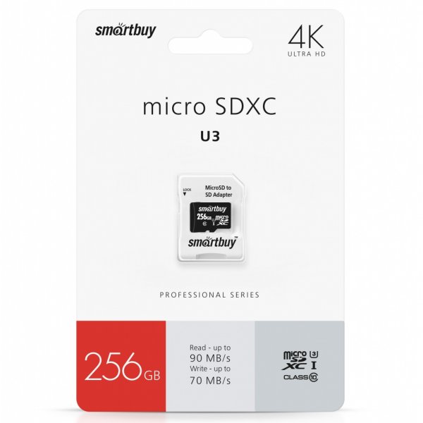 Карта памяти 256GB microSDXC class 10 SmartBuy PRO U3 R/W:90/70 MB/s с адаптером SD