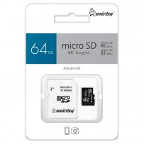 Карта памяти  64GB micro SDXC class 10 Smartbuy U3 V30 A1 Advanced R/W 90/55 MB/s с адаптером SD