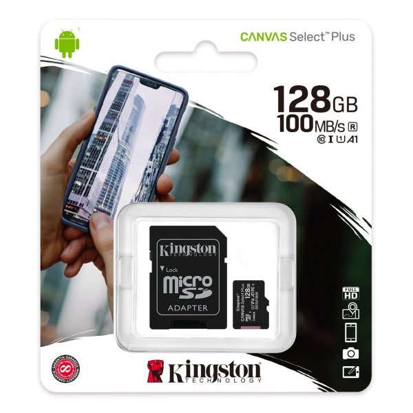 Карта памяти 128GB micro SDXC class 10 UHS-1 Kingston Canvas Select Plus с адаптером