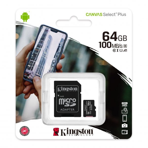 Карта памяти  64GB microSDHC class 10 Kingston UHS-I Canvas Select Plus с адаптером SD