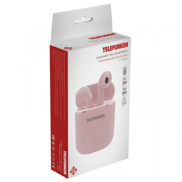 Bluetooth гарнитура (стерео)  TWS Telefunken TF-1000B, розовый