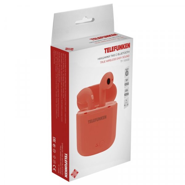 Bluetooth гарнитура (стерео)  TWS Telefunken TF-1000B, красный