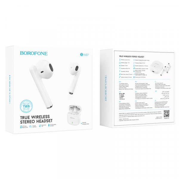 Bluetooth гарнитура (стерео)  TWS Borofone BW07, белый