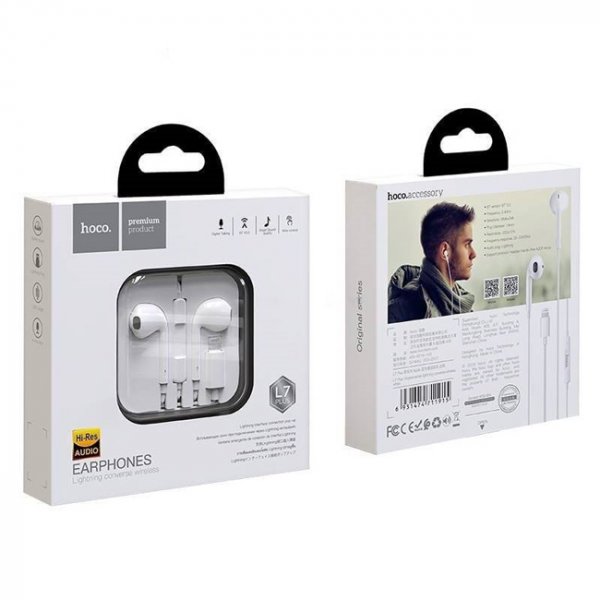 Гарнитура Hoco L7 Plus (8-pin, Bluetooth) с ПДУ, белая
