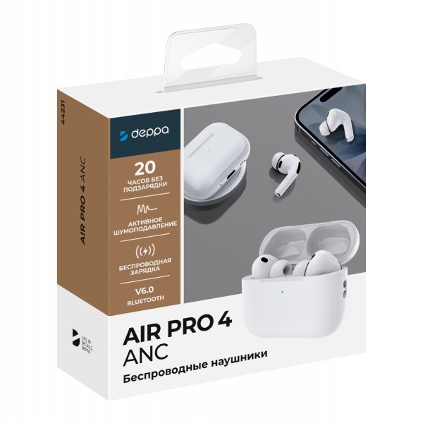 Bluetooth гарнитура (стерео)  TWS Deppa Air Pro 4 ANC, BT6.0, QI, 300 mAh, белый