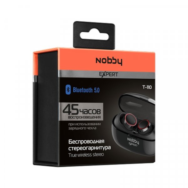 Bluetooth гарнитура (стерео)  TWS Nobby Expert Т-110, NBE-BH-50-05, чёрный с красным