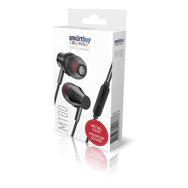 SBH-021K Внутриканальная гарнитура SmartBuy M100, металлич корпус,микрофон, пульт, чёрный