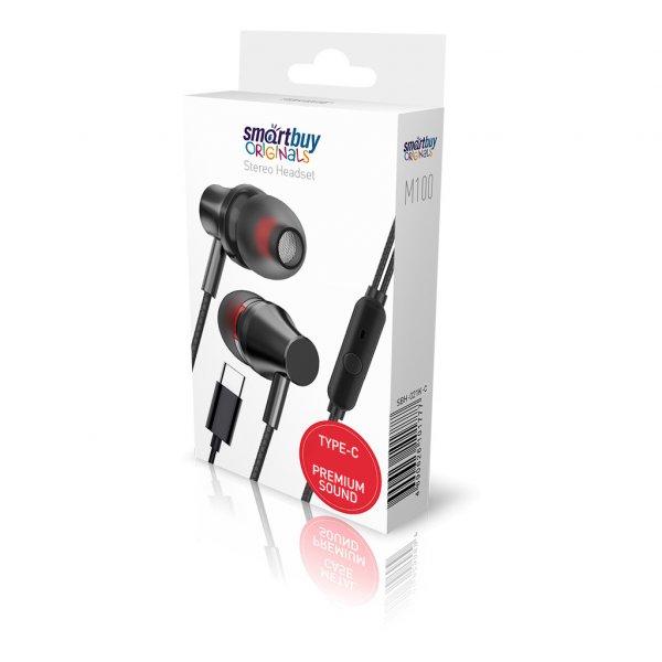 SBH-021K-C Внутриканальная гарнитура SmartBuy M100-C, металлич корпус,микрофон, пульт, TYPE-C