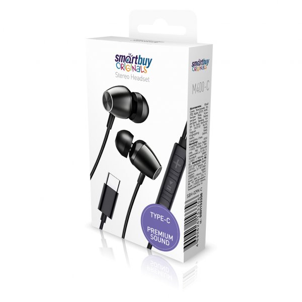 SBH-029K-C Внутриканальная гарнитура SmartBuy M400-C, металлич корпус,микрофон, пульт, TYPE-C