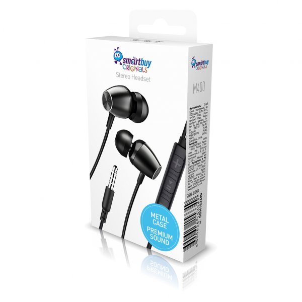 SBH-029K Внутриканальная гарнитура SmartBuy M400, металлич корпус,микрофон, пульт, чёрный