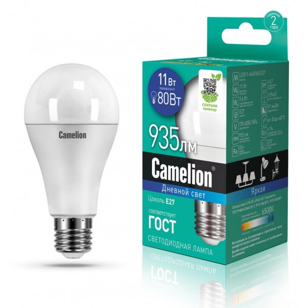 Лампа светодиодная A60 E27 11W 6500K Camelion