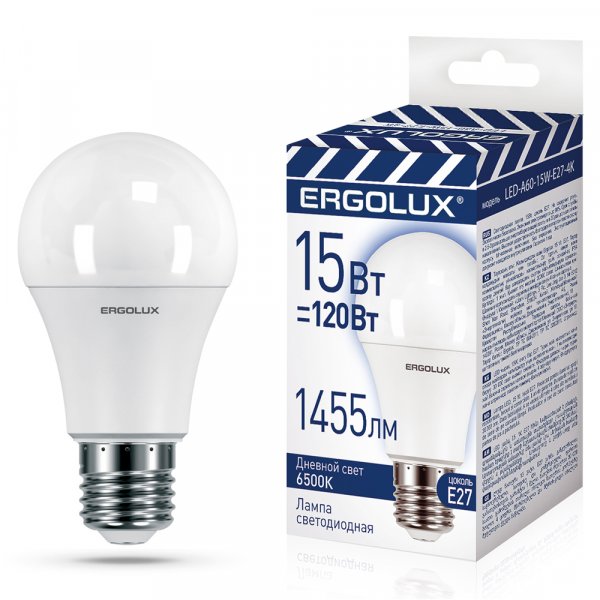 Лампа светодиодная A60 E27 15W 6500K ЛОН Ergolux