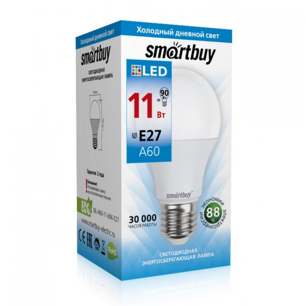Лампа светодиодная A60 E27 11W 6000K Smartbuy