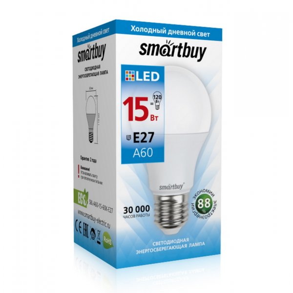 Лампа светодиодная A60 E27 15W 6000K Smartbuy