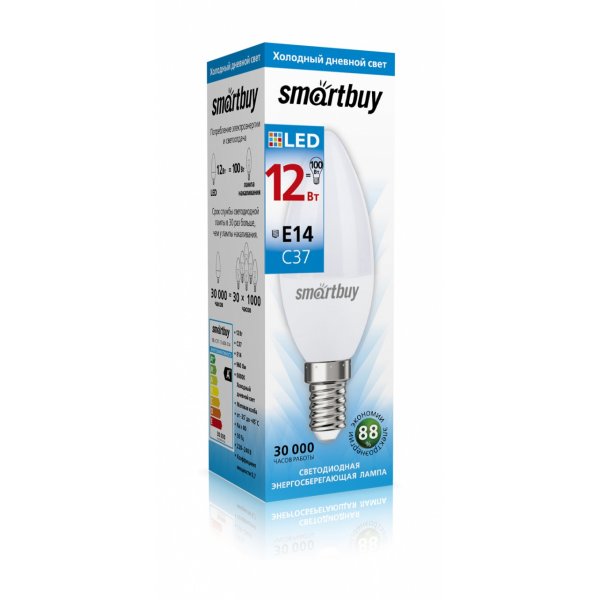 Лампа светодиодная C37 E14 12W 6000K Smartbuy