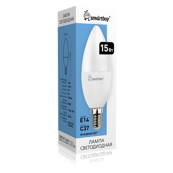 Лампа светодиодная C37 E14 15W 6000K Smartbuy
