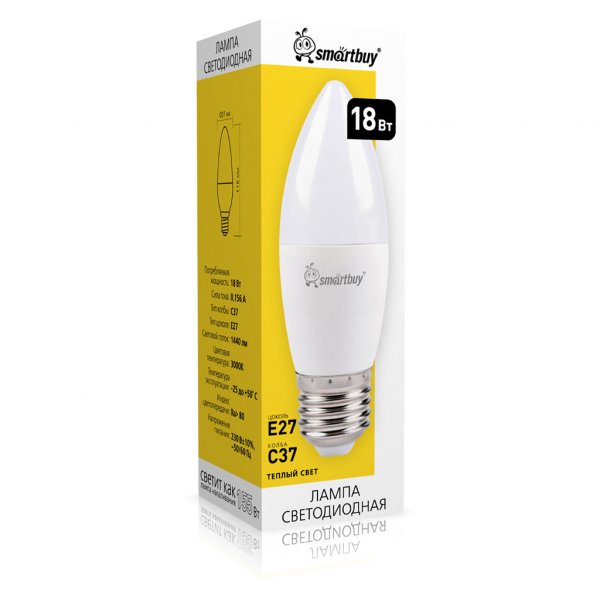 Лампа светодиодная C37 E27 18W 3000K Smartbuy