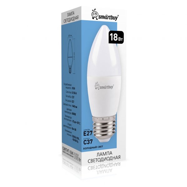 Лампа светодиодная C37 E27 18W 6000K Smartbuy