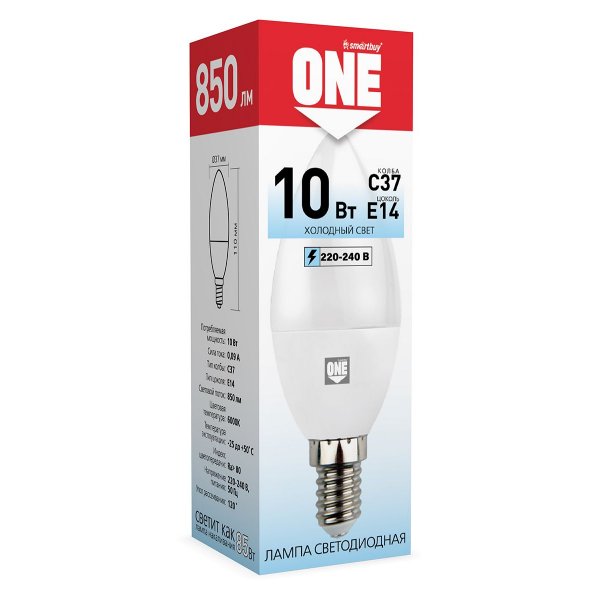 Лампа светодиодная C37 E14 10W 6000K ONE Smartbuy
