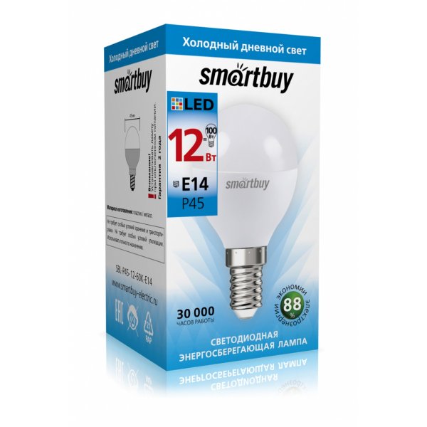 Лампа светодиодная P45 E14 12W 6000K Smartbuy