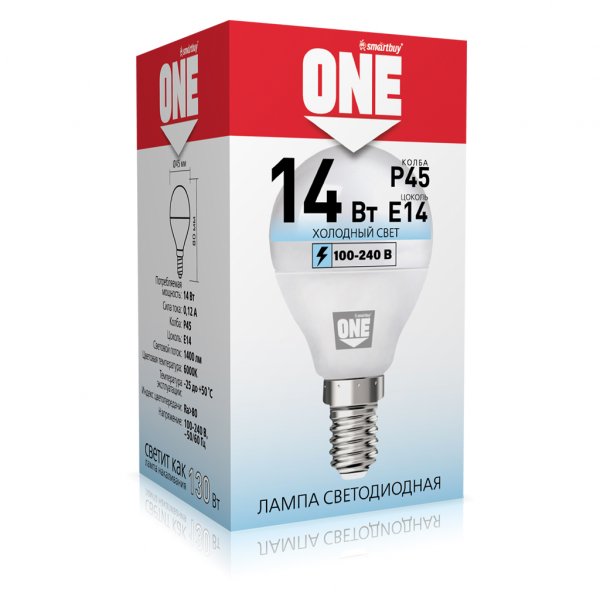 Лампа светодиодная P45 E14 14W 6000K ONE Smartbuy