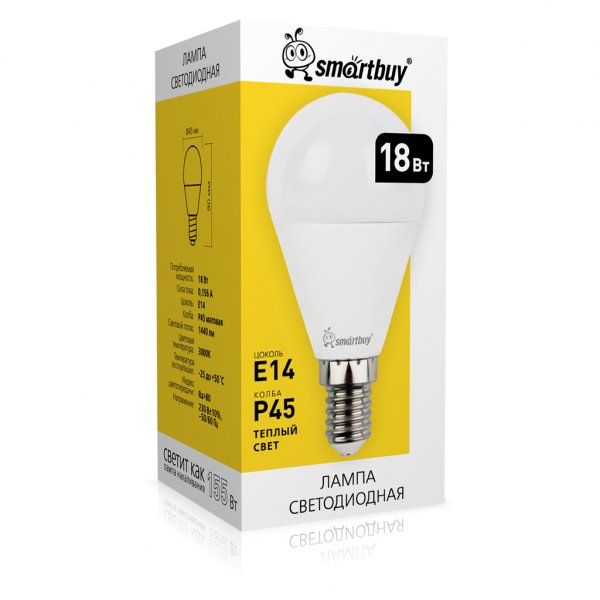 Лампа светодиодная P45 E14 18W 3000K Smartbuy