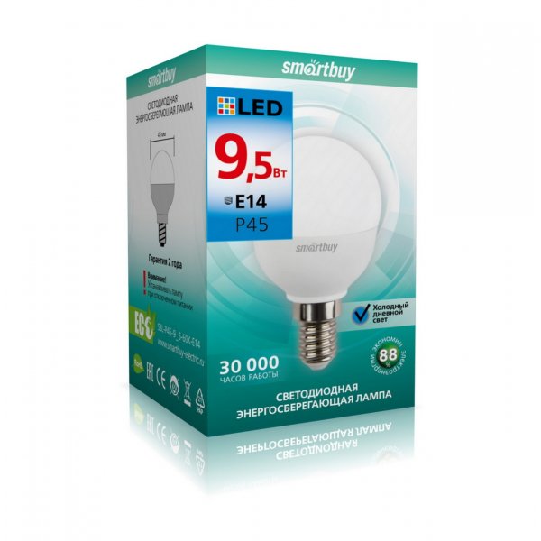 Лампа светодиодная P45 E14 9.5W 6000K Smartbuy