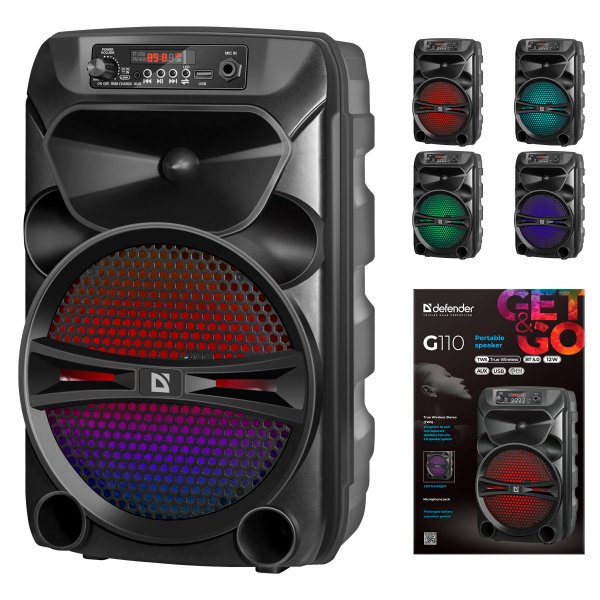 Колонка портативная Defender G110 Bluetooth, 12Вт, USB/FM/AUX/LED, чёрный (4)