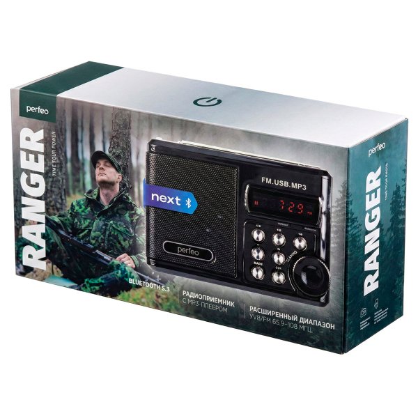 PF_D0564 Perfeo радиоприёмник цифровой "Sound Ranger" Next /УКВ+FM/MP3/ Bluetooth 5.3/1000 mAh/чёрны