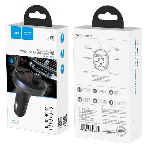 FM-трансмиттер Hoco E41 Bluetooth, 2USB, 1A, TF, с дисплеем, чёрный